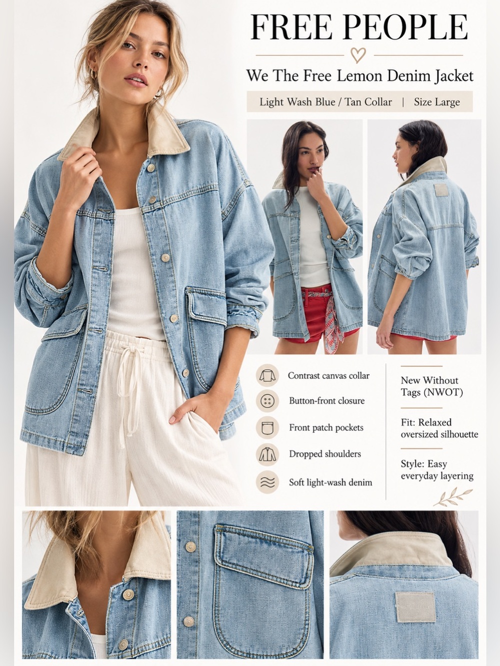 Free People We The Free Lemon Denim Jacket Blue Tan Collar Large NWOT